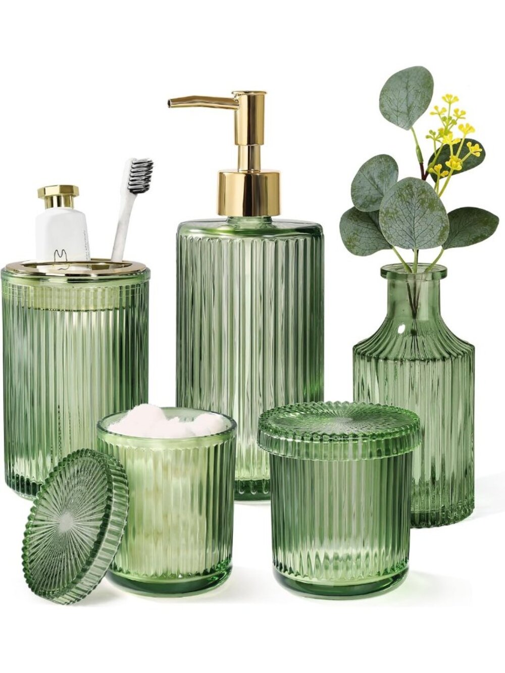Vintage Green Bathroom Accessory Set - 5 Pcs Glass Decor, Soap Dispenser & More